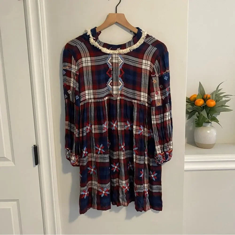 Hemant & Nandita Blue Red Floral Plaid Mini Dress XS